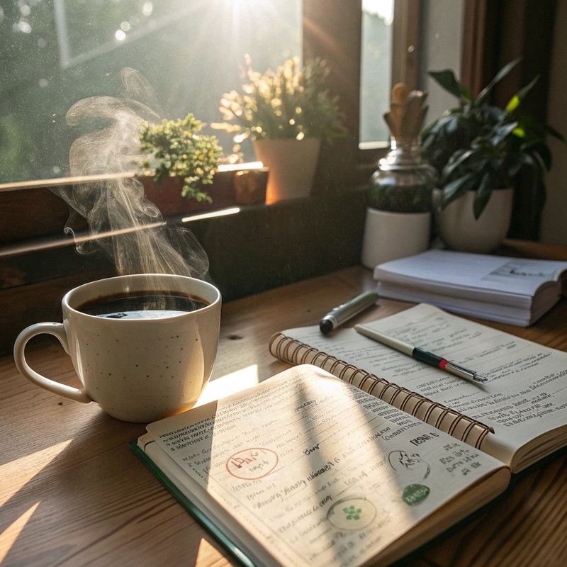 Calm morning workspace with tea, notebook, and natural light for daily habit practice